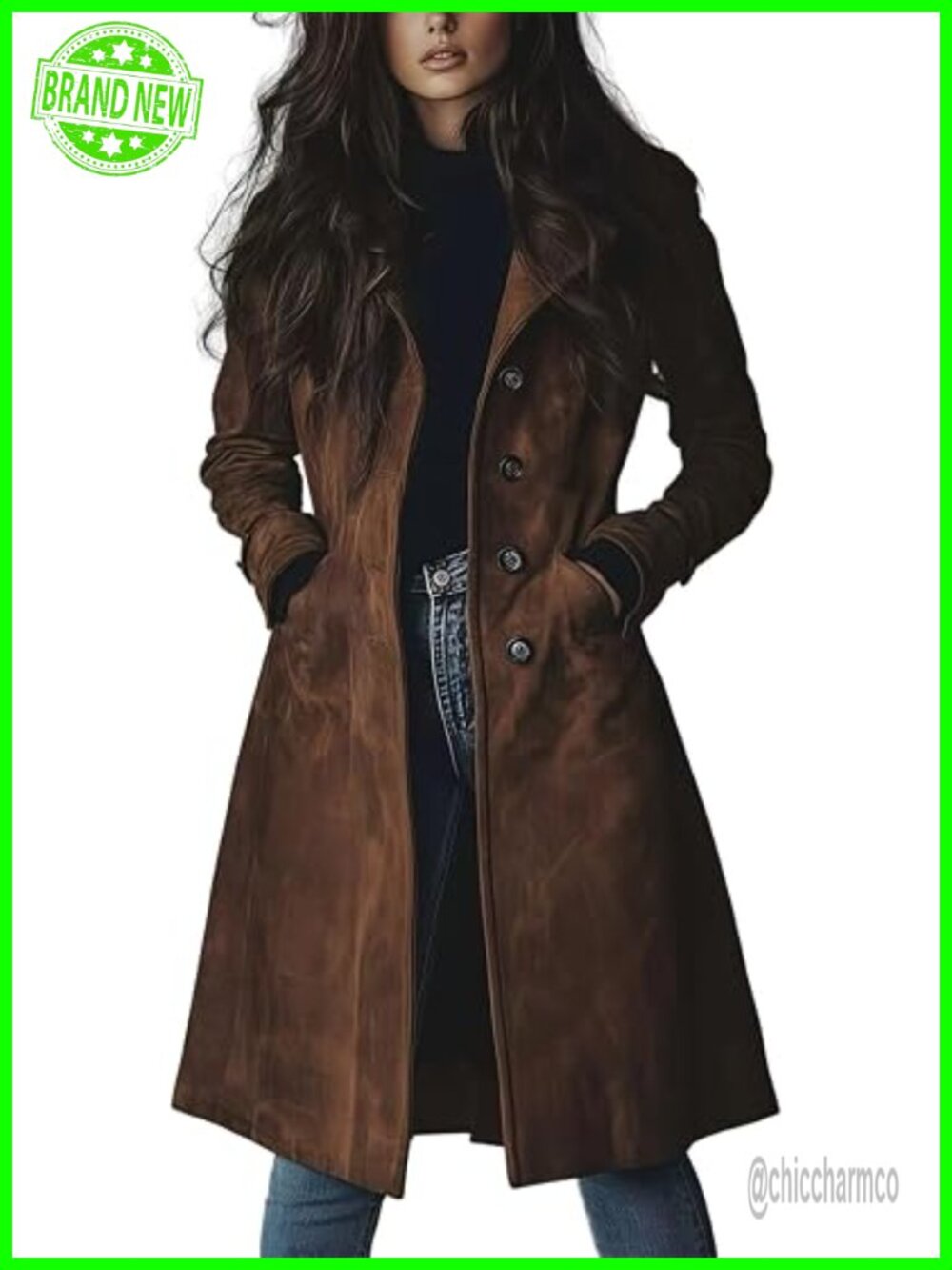 Faux Suede Trench Coat Women Single Breasted Long Overcoat with Pockets